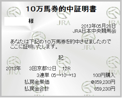 5月26日 京都12R 15番人気のナリタシーズンが3着で三連単　05 → 10 → 13 859,230円